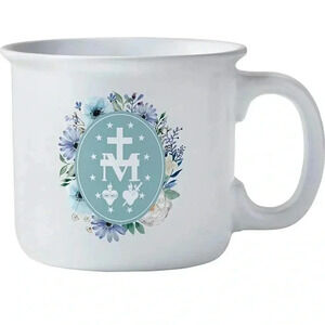 Needzo White Floral Stoneware Faith Symbols Coffee Mug 13 Oz NWT